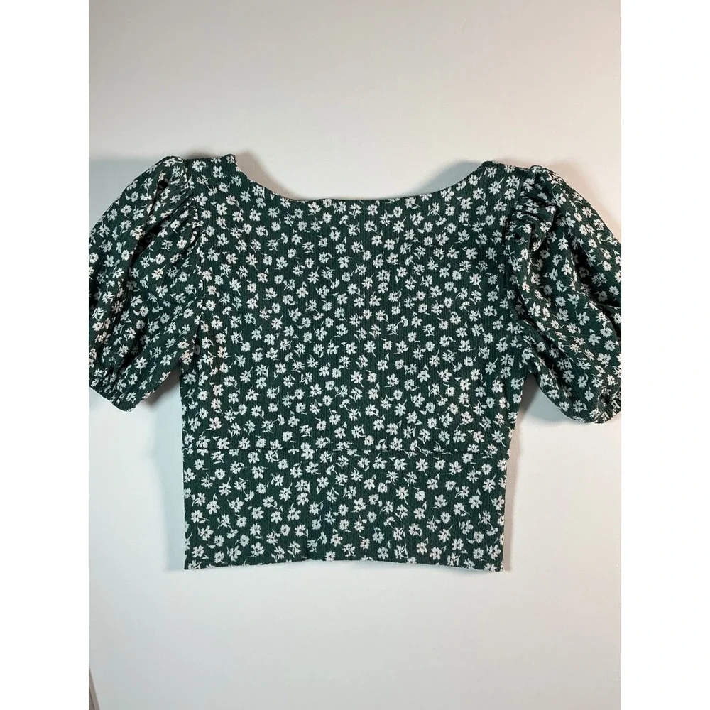 Free People Daisy Chain Sweet Sun Puff Sleeve Crop Top Green Floral Size M